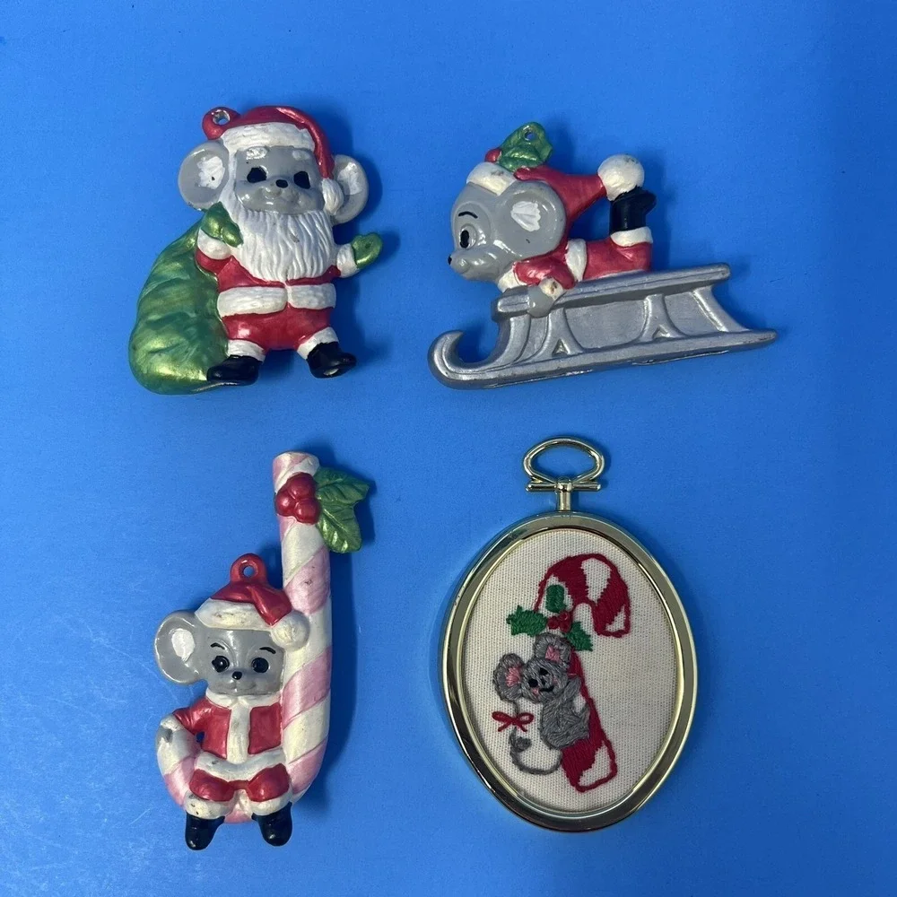 Vintage Christmas Mouse Mice Ceramic Ornaments Hand Painted Lot of 4 Collectible